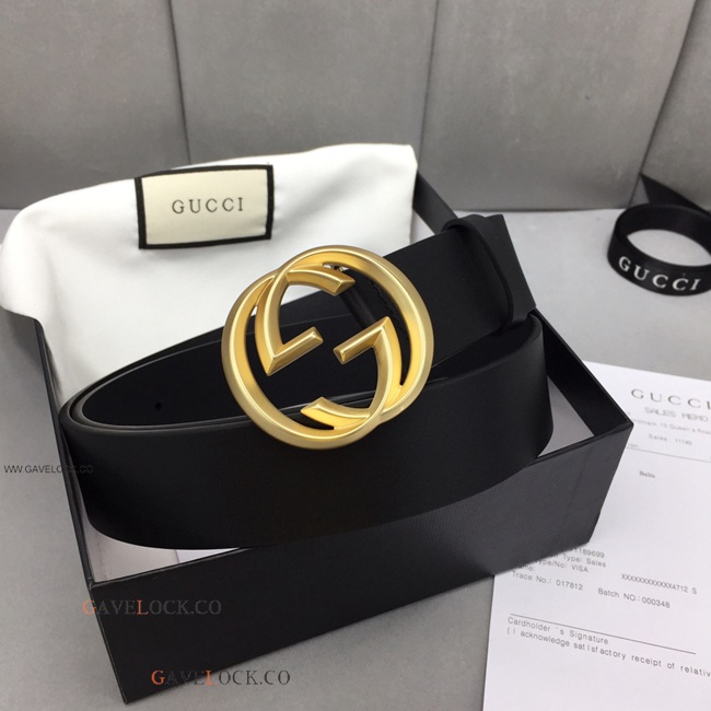 Gucci Leather Men's Belt Gold Interlocking GG Buckle w Box